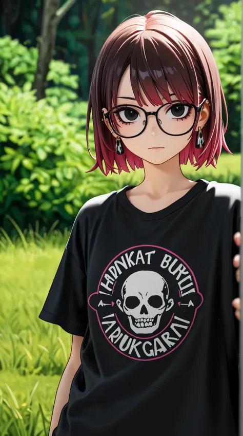 punk girl wearing glasses and a dark shirt, blurred green grass and trees in the background, short brown hair, detailed face, high quality, high resolution