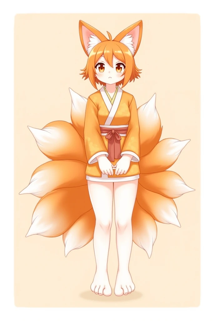 an Anthro kitsune with ten orange tails with white tips, orange eyes, has white fur covering her body instead of hair, a lean physique, two hair like bangs that are her ears, a short snout, a cute button nose, wears a modern style orange kimono with a whit...