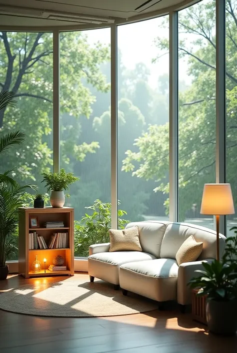 A glass room with a white sofa, a small bookshelf, lamps burning, and trees blooming and rain outside.