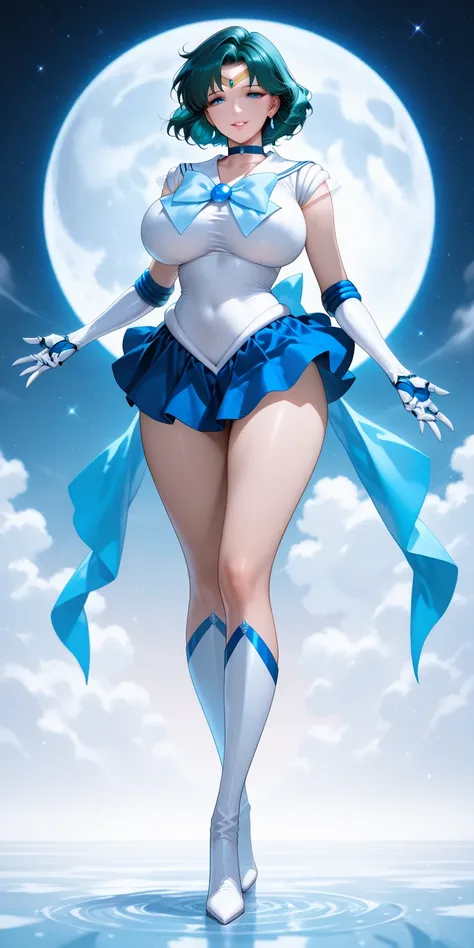 Masterpiece, newest, vibrant, mature woman, sailor mercury, tall, big breast, white sailor senshi uniform (white sailor senshi uniform shirt, white sailor senshi uniform gauntlets, white sailor senshi uniform skirt, white sailor senshi uniform high boots),...