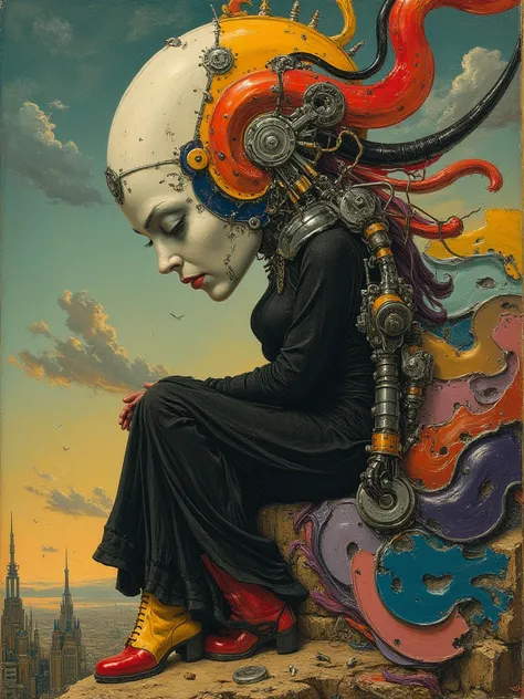 Curved expression of devotion, sadness and drama, Strange figures of long shapes on iconic heavy metal magazine cover art style, Worship, mechanics, strange head format char, parts, machinery, artificial, synthetic, beauty, sadness, vivid colorful artwork ...