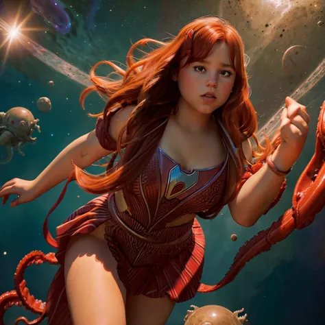  Chubby s  ,    nudes, redheads,  with red-white reflections ,  wavy hair wearing Supergirl's tattered dress fighting aliens in space with electric tentacles 
 






