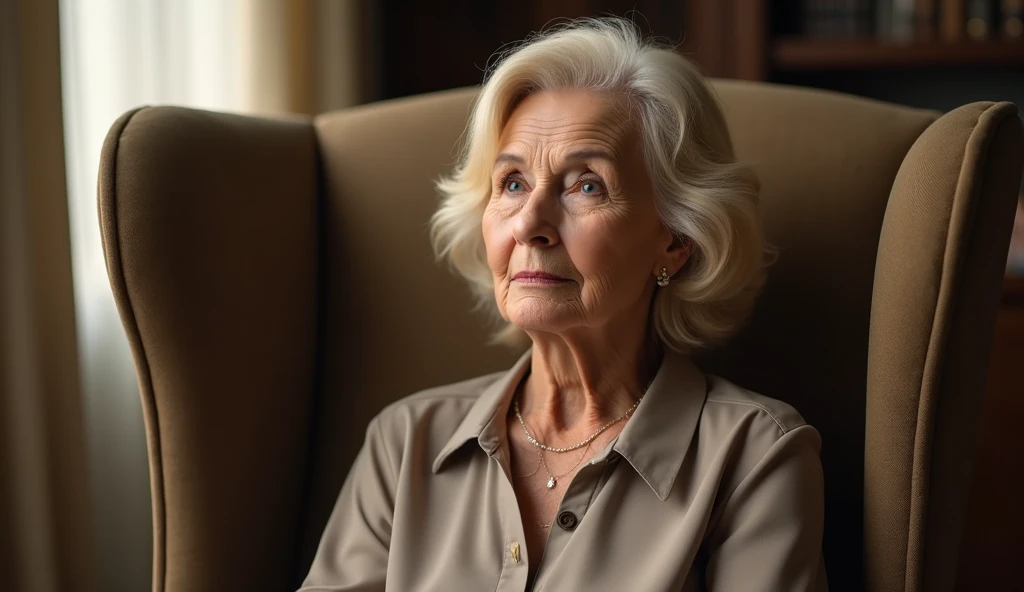 Create a realistic photograph of an average 70-year-old  rich lady hair blonde, sit on the chair