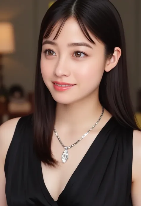   Hashimoto Kanna,  one woman、 beautiful、Perfect looks、  pale turquoise eyes :1.3,  big breast 、  Perfect Balance  、 black silk dress ,  Simple Diamond Necklace、(((  blurry background)))、Luxury palace,、(  tall combat pose  : 1.1), ( by Nomi: 1.1), (   phot...