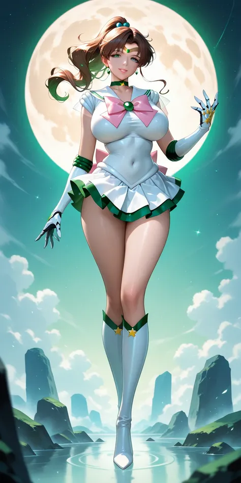 Masterpiece, newest, vibrant, mature woman, sailor jupiter, tall, big breast, white sailor senshi uniform (white sailor senshi uniform shirt, white sailor senshi uniform gauntlets, white sailor senshi uniform skirt, white sailor senshi uniform high boots),...