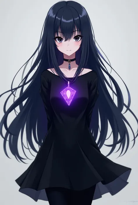 Dark blue haired anime girl,  black eyes , that has a pendant with a bright purple stone,with black dress and with pants () negro, The image must be full body