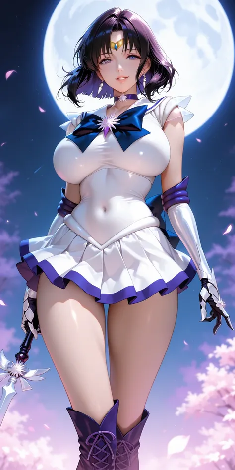 Masterpiece, newest, vibrant, mature woman, sailor saturn, tall, big breast, white sailor senshi uniform (white sailor senshi uniform shirt, white sailor senshi uniform gauntlets, white sailor senshi uniform skirt, white sailor senshi uniform high boots), ...