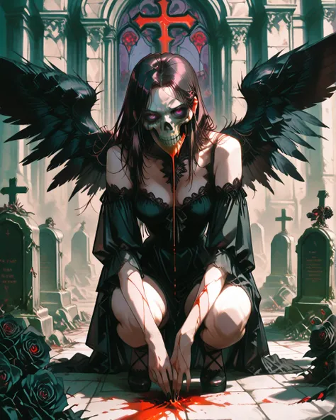 American plane, goth naked girl, naked girl, Skull on her face , black flowers in her hands, blood, squatting, black wings , roses. bottom: cemetery , crows,