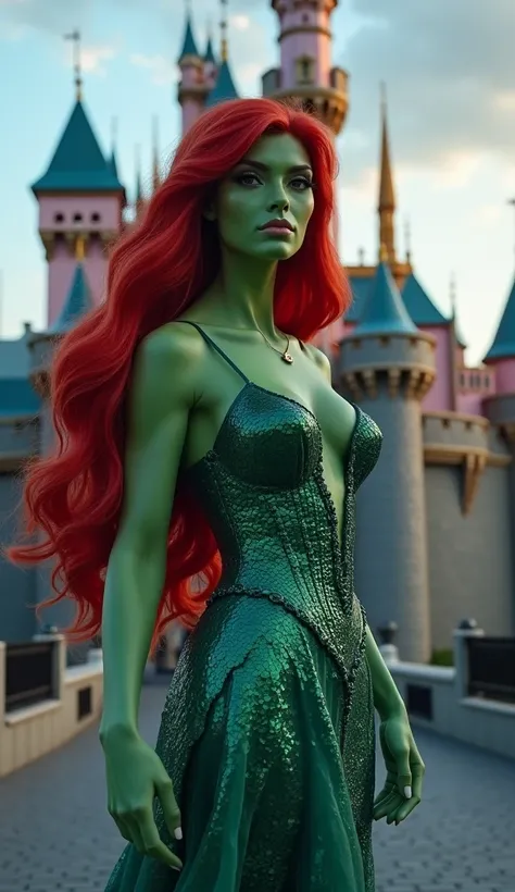 Ultra-realistic full-body shot of an Ariel-Hulk hybrid princess at the same Disney Castle, now under twilight skies. She sports greenish-hued skin, flaming red hair, and a muscular physique reminiscent of Hulk, wearing a mermaid-inspired gown torn to revea...