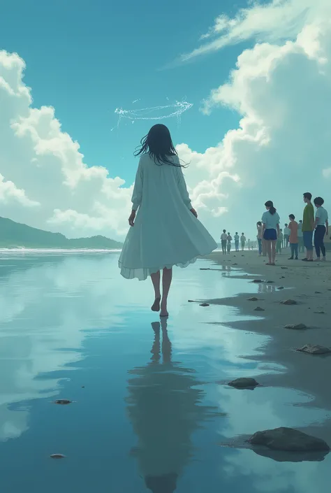 Close up of people standing by the water near the beach,   digital art  by Li Song, Tumbler,   digital art ,  anime girl walking on water ,  Flying Ghosts  ,   Pale Ghost Girl  , La Llorona , ghostly figure, The girl's ghost , Mysterious Girl,   Mysterious...