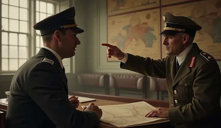 Manfred von Richthofen training with Oswald Boelcke, World War I, aviator uniforms, in a strategic briefing room, Boelcke pointing at a map, old aviation charts in the background, tutorial scene, hyperrealistic, photorealism, cinematography