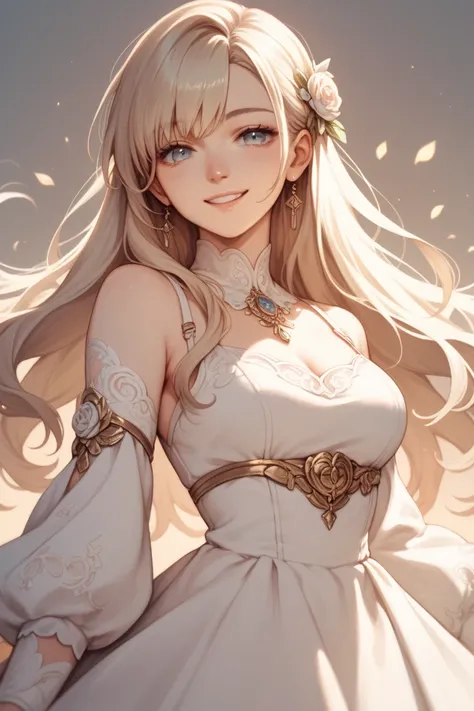 (best quality), 1girl, delicate face, long hair, gentle smile, anime style, warm lighting, white dress