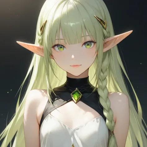 1girl, solo, (young:1.3), A pure and innocent girl,
BREAK 
long pointed elven ears, pointy ears,
BREAK 
long hair, straight hair, bangs, left side braid, green hair, green eyes, (tsurime:0.8), 
BREAK 
linen clothes
BREAK 
flawless skin, smooth skin, silky ...