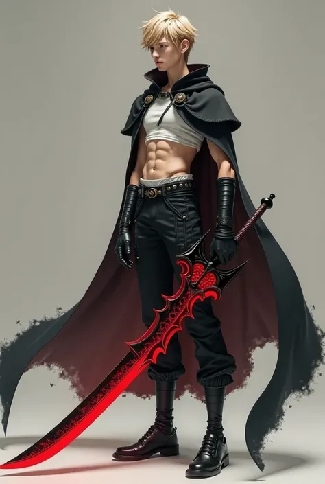  Boy tall 1 ,77
Hair : blond
Skinny but with abs
A black and red dragon sword
Apparel: black cape black shoes ,  short black t-shirt ,  and random pants 