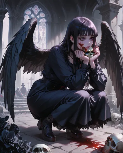 American plane, goth girl,, Skull on her face , black flowers in her hands, blood, sexy squatting, black wings , roses. bottom: cemetery , crows,