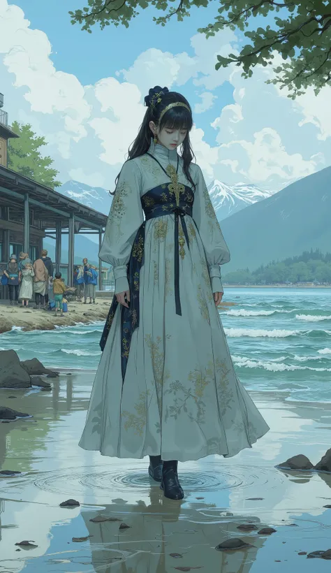 Close up of people standing by the water near the beach, digital art by Li Song, Tumbler, digital art , anime girl walking on water , Flying Ghosts , Pale Ghost Girl , La Llorona , ghostly figure, The girl's ghost , Mysterious Girl, Mysterious Figur...
