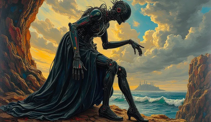 Sadness, dark blue and dark blue marine, figure of long shapes on iconic heavy metal magazine cover art style, Worship, mechanics, strange head format char, parts, machinery, artificial, synthetic, beauty, sadness, vivid colorful artwork white face, black ...