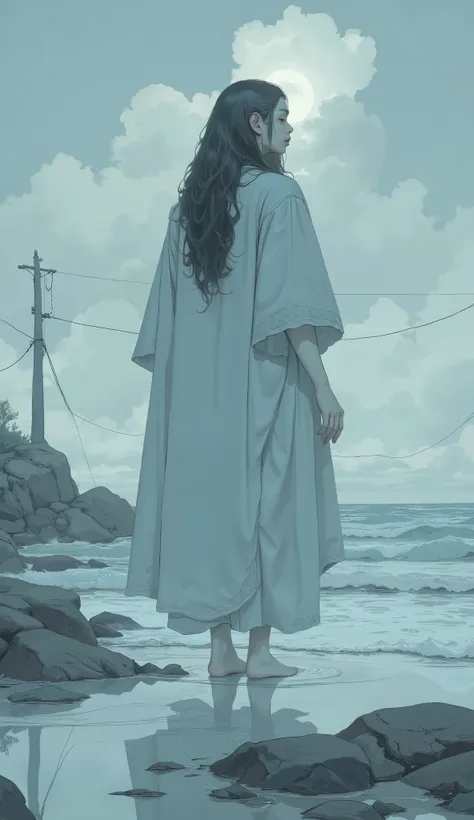 Close up of people standing by the water near the beach,  digital art by Li Song, Tumbler,  digital art , A girl made of fog walks on the water , Flying Ghosts  ,  Pale Ghost Girl  , La Llorona , ghostly figure, The girl's ghost , Mysterious Girl,  Mysteri...