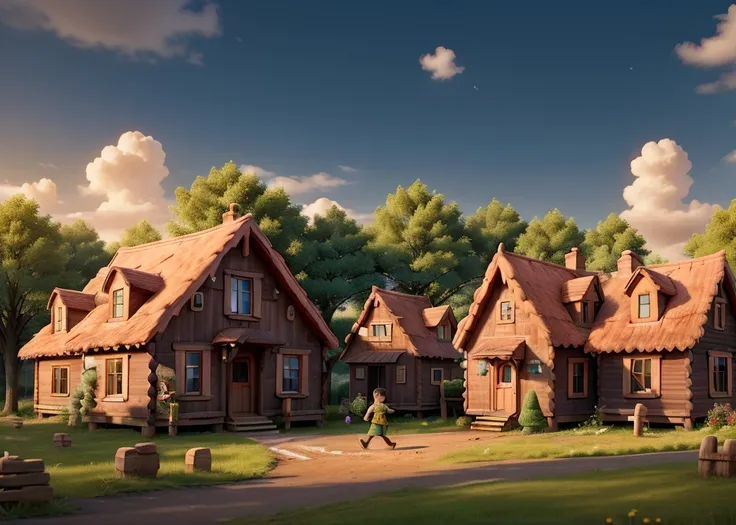 A small village with several wooden houses arranged in a row.,There are trees., Someone is talking,A  boy runs playing in a warm village, the evening sunshine