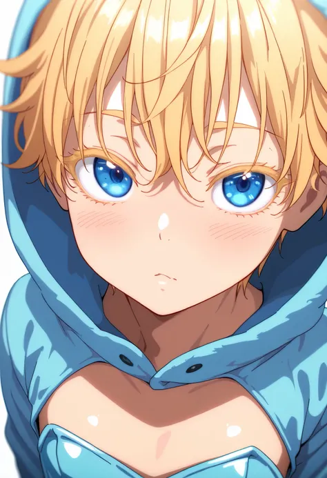 1boy, short messy boyish hair, blonde hair, colored eyelashes, blonde eyelashes, blue eyes, flat chest, bunny onesie