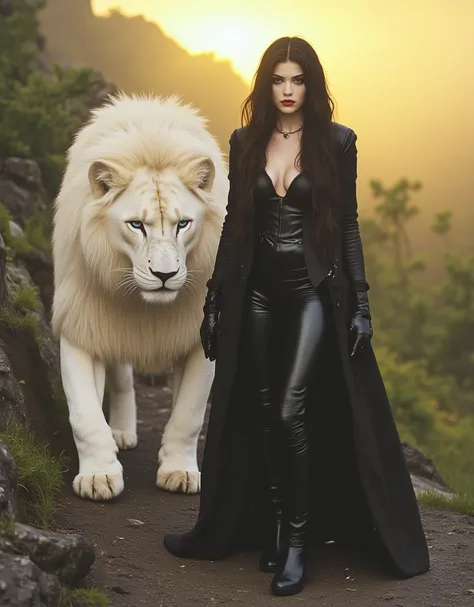  This image is a captivating portrait of a woman walking a large albino lion on a hiking mountain,  that radiates a sense of mystery and charm .

* style:*  The image embodies a dramatic and exotic style ,  reminiscent of fashion photography The use of str...