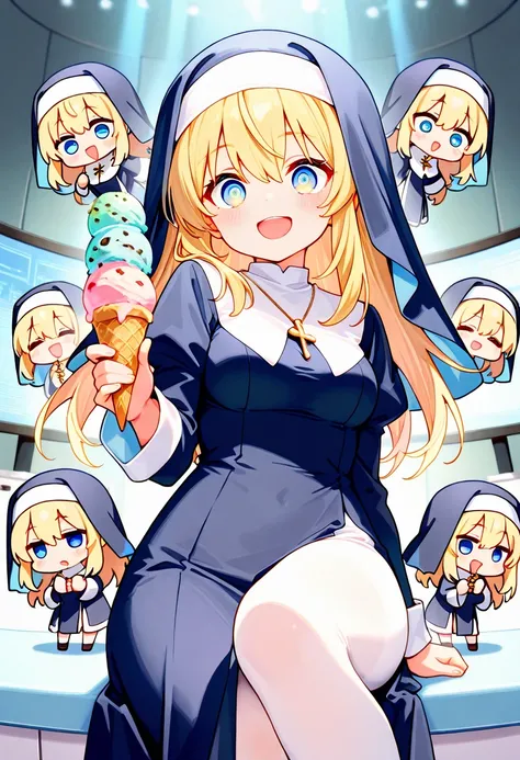 score_9,score_8_up,score_7_up,rating_safety,source_manga,masterpiece,best quality,hyper detailed,super fine illustration,8k,chibi,deformed,BREAK SD character,crazy eyes,smily,nun's habit,holding_ice cream (chcolate ice,blue mint ice),BREAK control room,bac...