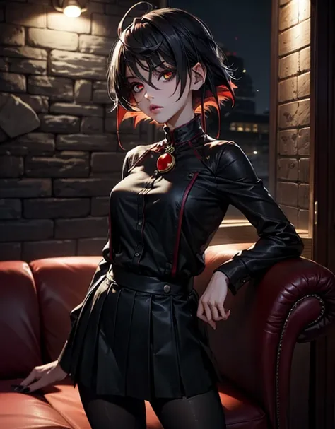 ellen joe, black hair, colored inner hair, multicolored hair, red eyes, red hair, short hair, two-tone hair, mole under eye, x hair ornament, red nails, 1girl, solo, correct leg anatomy, correct body anatomy, correct arm anatomy, big breasts, gloomy, graff...