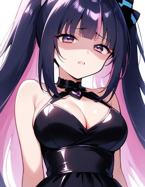 score_9,score_8_up,score_7_up,source_anime stocking \(psg\), black hair, pink hair,long hair, disgusted face, solo, 1girl, looking at viewer, disgust, sleeveless dress,evening gown, large breasts,black dress, cleavage, shiny dress, upper body, white backgr...