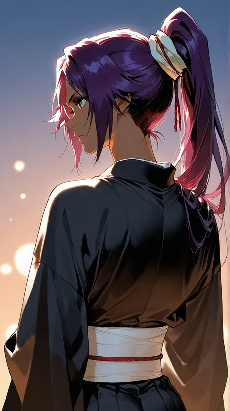 Yoruichi from anime bleach, in back view, using a black kimono