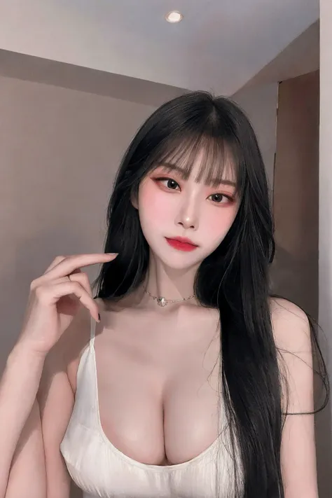 A beautiful Korean woman posing solo in a confident and alluring manner. She has sleek black hair styled with blunt bangs that frame her delicate features. Her outfit is stylish and slightly revealing, accentuating her elegance and charm. The lighting is s...