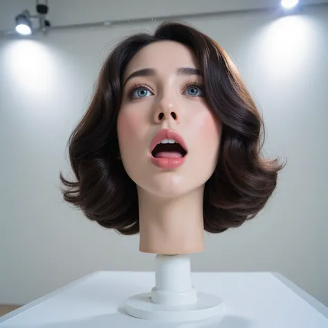 A beautiful, young, american woman's disembodied head stands on a white table, in a white room, in side view. She has beautiful, thick, smooth, silky, shiny, dark brunette, middle swapped, curly, permed, huge bob hair. Fear on her face. Her face is straigh...