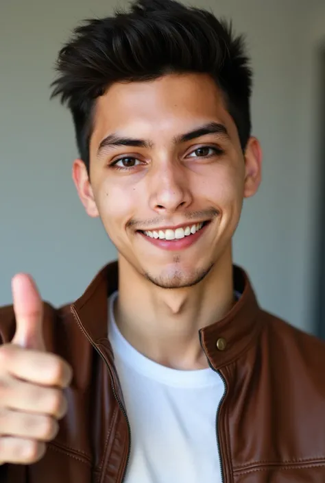 A young adult man with an oval face, a thin facial structure with visible cheeks. His nose is straight with a slightly rounded tip. His eyes are round but slightly almond-shaped, giving him an expressive and engaging look. His eyebrows are straight, well-f...