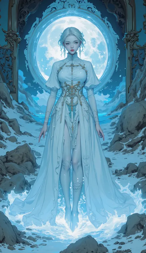 The ghost of a woman in a white dress is standing in the air, white shining aura , Ethereal Anime, Ethereal Essence , Artgerm and Atey Ghailan , A beautiful young spiritual being , Charlie Bowert-inspired art style, Mysterious glow, Kicking white hair ...