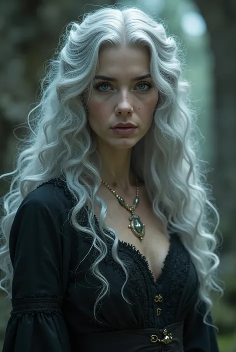 Medieval curly silver-haired witch, face ,  white skin, gray eyes, 