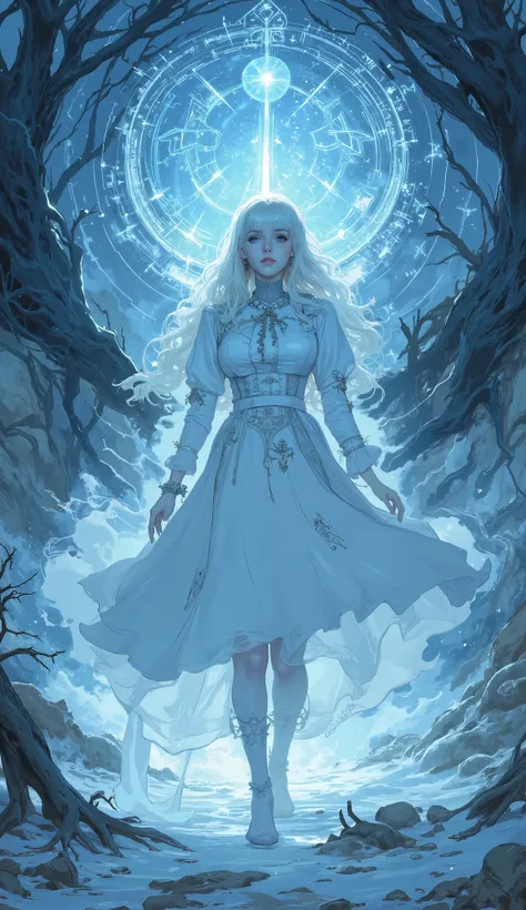 The ghost of a woman in a white dress is standing in the air, white shining aura , Ethereal Anime, Ethereal Essence , Artgerm and Atey Ghailan , A beautiful young spiritual being , Charlie Bowert-inspired art style, Mysterious glow, Kicking white hair ...