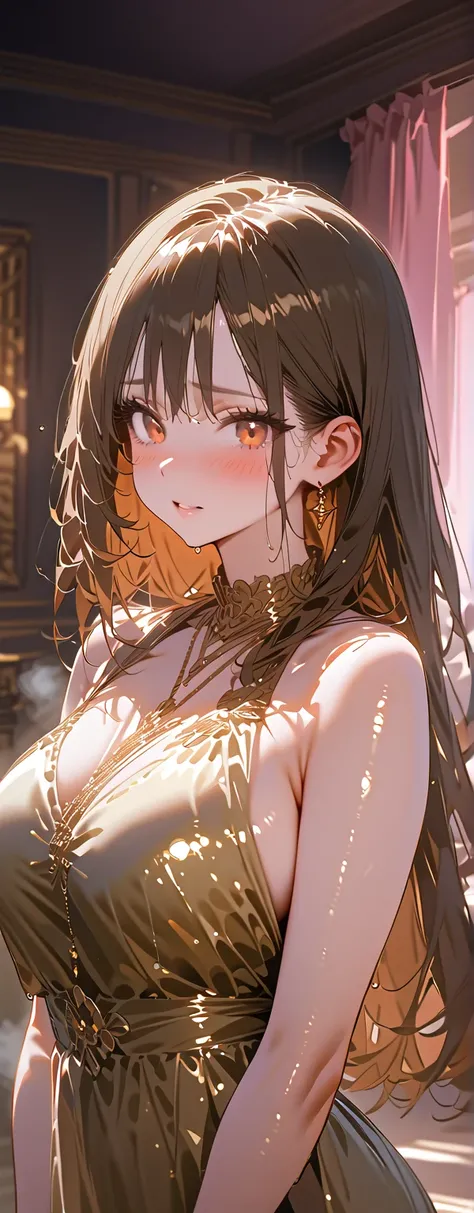  Straight hair 、brown hair,(( sexy gold dress very detailed )),  Sunburned skin ), looks about  , (beautiful girl: 1.3), one girl ,  highest quality ,8k, highly detailed CG unit background , Great painting:1.2,  highest quality ,  super resolution  , raw p...