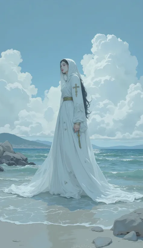 Close up of a transparent female ghost standing on the beach, digital art by Li Song, Tumbler, digital art , 白いfogが女の子の形をしており水上を歩く, Flying Ghosts , WHITE GHOST GIRL , La Llorona , The appearance of a ghost, The girl's ghost , Mysterious Girl, transluce...