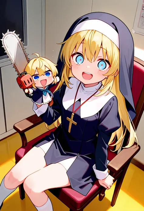 score_9,score_8_up,score_7_up,rating_safety,source_manga,masterpiece,best quality,hyper detailed,super fine illustration,8k,chibi,deformed,BREAK SD character,blonde hair,crazy eyes,blue eyes,smily,nun's habit,(holding_chainsaw),sitting on chair,BREAK contr...