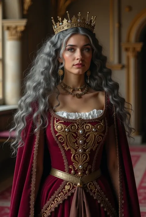 Picture of a beautiful still very young looking Ariana Grande as a viking woman warrior she is 50 years old with long curly gray hair and hazel eyes, wearing a crown as the queen standing in a English throne room wearing a English queen dress she is standi...