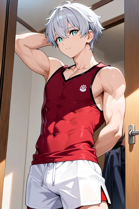 BEST QUALITY, ULTRA DETAILED, HIGH DEFINITION, ALONE, 1boy, short hair, silver hair, light cyan eyes, toned, sleeveless shirt, red shirt, white shorts. Background: in a room.