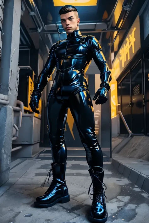 masterpiece,
extremely fine and beautiful,
Vibrant poses,
Raised sexy,
(White tight white gloves),
(skinny body shape),
short undercut,
big bulge,
(Navy blue Rubber Suit),
(Black Rubber Head),
(Black harness),
(Yellow bangle),
(Black army boots),
(full-bod...