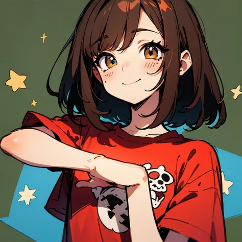 Alone,  upper body,  brown hair  ,   MoLE undereye 、 red t-shirt、  romantic pose of model  :1.2, smile、  background with colorful doodles  、( Manga style ),(sketch),(  illustration),  contrasting shadows,  flashes of stars 