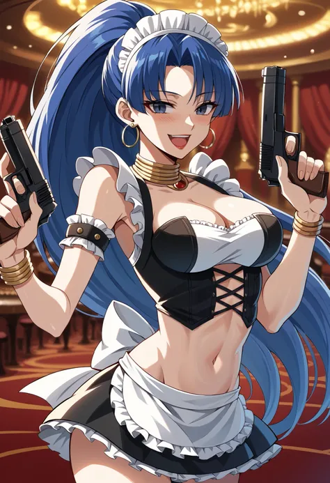 1girl, , very long hair, blue hair, ponytail, black eyes, parted lips,  hoop earrings, neck ring, armlet, bracelet,  source_anime, ear piercing, long hair, blush, lipstick,Hot girl, baddie, sensual, attractive ,jewelry, earrings, complex detailed backgroun...