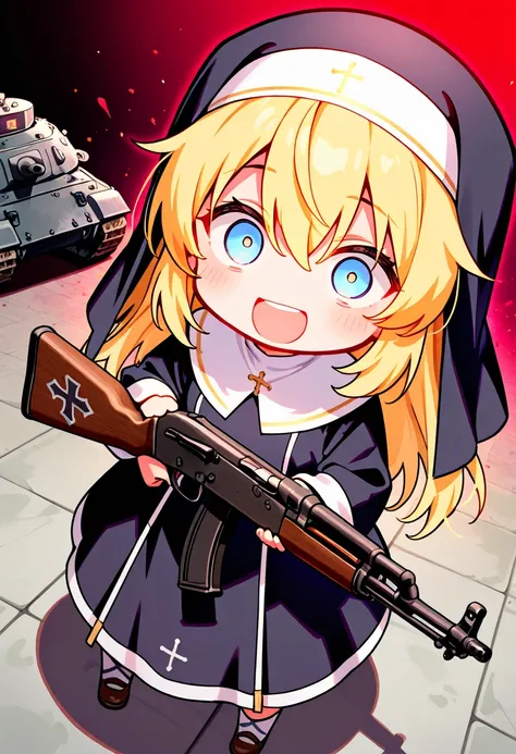 score_9,score_8_up,score_7_up,rating_safety,source_manga,masterpiece,best quality,hyper detailed,super fine illustration,8k,chibi,deformed,BREAK SD character,blonde hair,crazy eyes,blue eyes,smily,nun's habit,(holding_ak-47),standing,BREAK battlefield,war ...