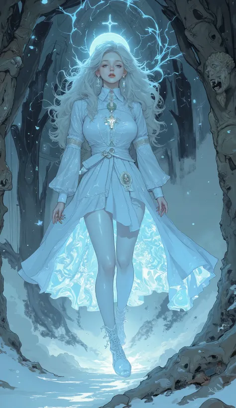 from above、The ghost of a transparent woman in a white dress is standing in the air, white shining aura , Ethereal Anime, Ethereal Essence , Artgerm and Atey Ghailan , A beautiful young spiritual being , Charlie Bowert-inspired art style, Mysterious glo...