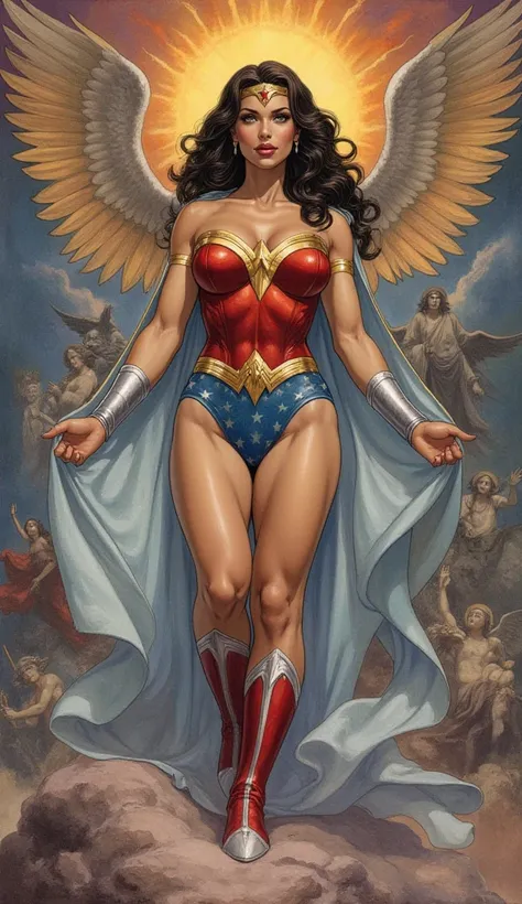 Detailed proportions and textures, multi-colored and softened airbrush strokes, semi-realistic illustration in china ink of a beautiful, strong and satisfied Wonder Woman (an clasic superheroine (full body pose, with a confident and bold posture, full lips...