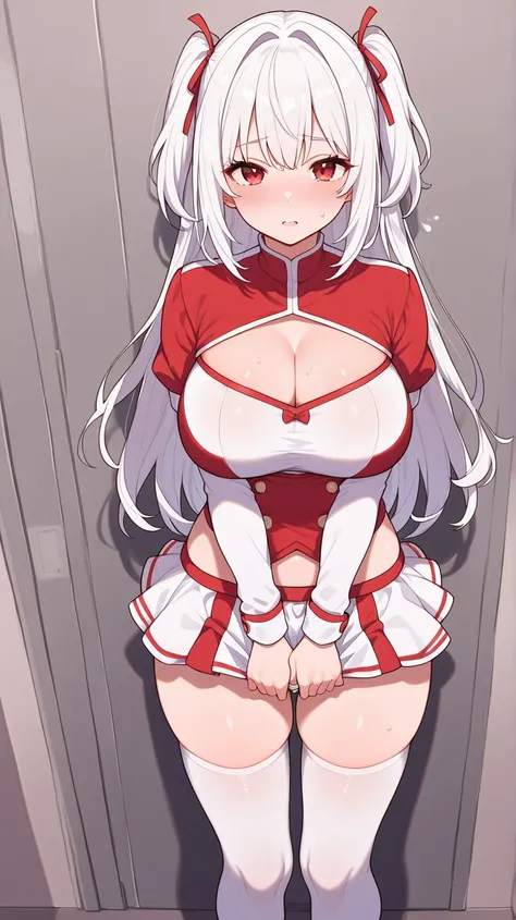 mini skirt, white hair, NSFW, skindantation, zettai ryouiki, cleavage cutout