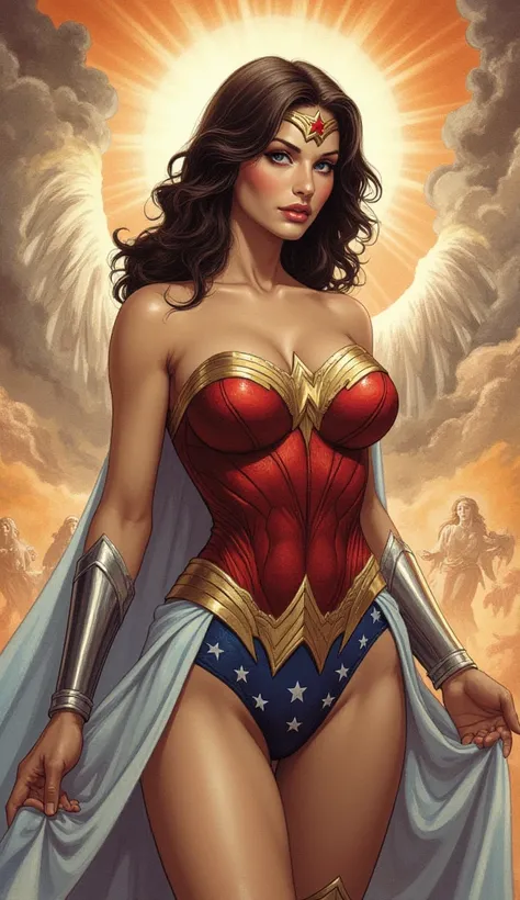 Detailed proportions and textures, multi-colored and softened airbrush strokes, semi-realistic illustration in china ink of a beautiful, strong and satisfied Wonder Woman (an clasic superheroine (full body pose, with a confident and bold posture, full lips...