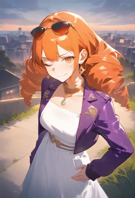  1 girl, Alone, Go to the river, orange hair,   drill hair ,  eyewear on head ,  orange eyes,   jewelry, bow,  white dress,  purple jacket , during,  earrings,  above Decorati has ,  is standing,  hand on hip,  I'm watching the viewers,  one eye closed,  s...