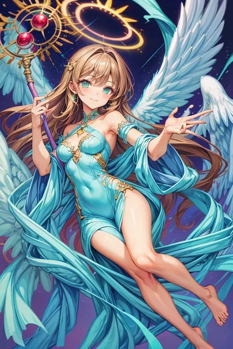 (masterpiece, best quality) cute anime angel girl, Brown long hair, delicate angel wings, barefoot, sexy smiling, sexy pose, coquette, beautiful long legs, mature girl, gorgeous body, pronounced breasts, standing, intricate details and sunlight ethereal in...